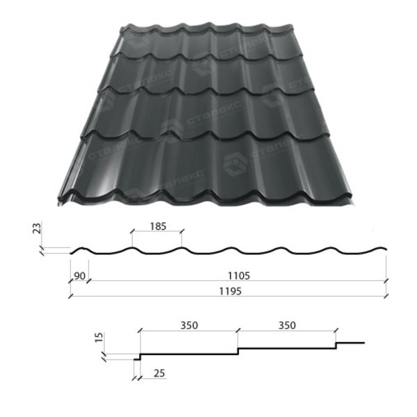 Металлочерепица Гранд 350/15 0,50*1195 РЕМА (изготовитель сырья Германия)