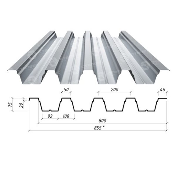 Профнастил Н-75 0,80*820*770 Цинк (Украина(Модуль))