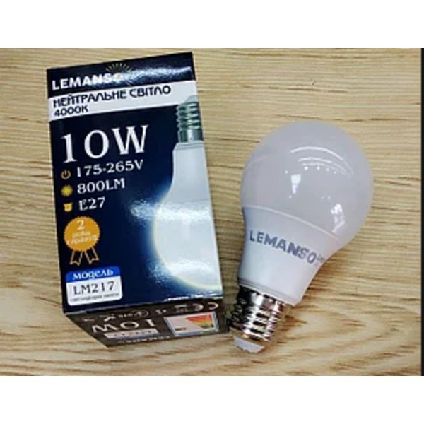 Лампа светодиодная 10W A60 E27 800LM 4000K 175-265V LM217, Lemanso