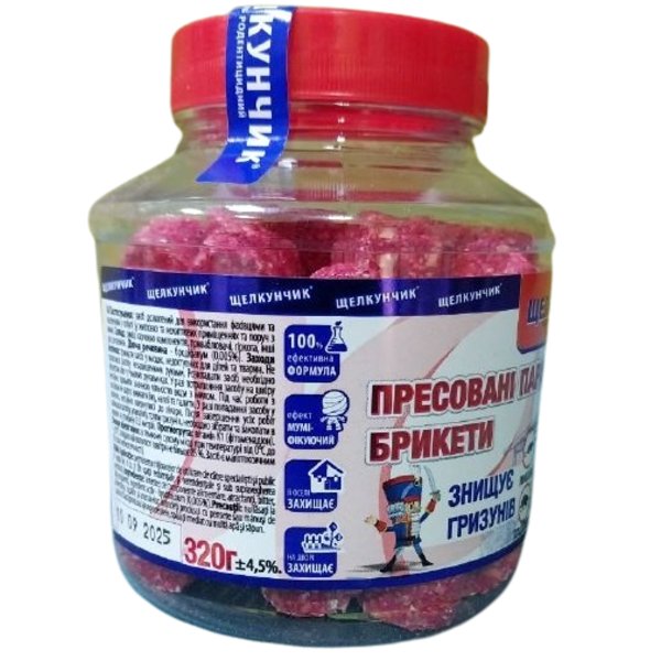 Засіб для боротьби з мишами Щелкунчик 320 г брикет з муміфікатором червоний, банка